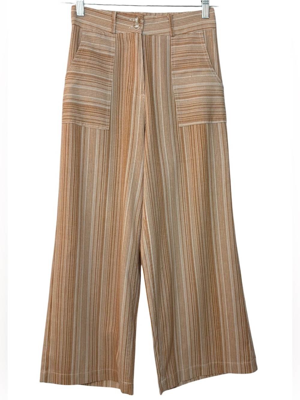 FRNCH Paris Striped Prunella Linen Wide-Leg Cropped Pants Size S Rust and White